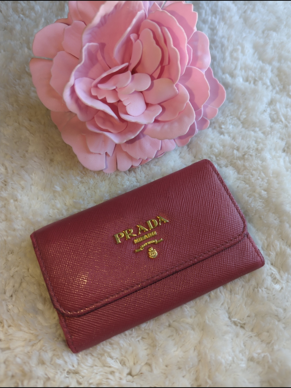 Prada Pink Saffiano Leather Wallet PRADA Cardholder And Key Holder Gold Hardware